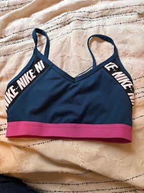 Nike Navy Sports Bra with Pink Band and Logo Trim